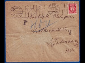 Norwegen 1919,Tromsö, "T" Porto Brief n. Dänemark. "4 öre". #S806