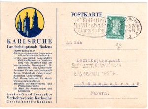 DR 1927, 5 Pf. m. perfin auf Karte des Verkehrsverein Karlsruhe