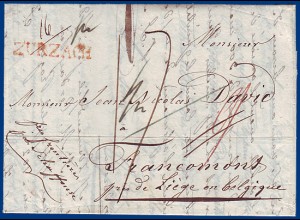 Schweiz Belgien 1825, Porto Brief m. rotem L1 ZURZACH. Aachen Transit. #S821