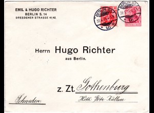 DR 1914, 10 Pf. Privatganzsache Umschlag m. Zusatzfr. v. Berlin n. Schweden