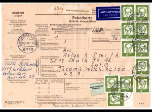 BRD 1966, reine MeF 11x2 M. auf Luftpost Paketkarte v. Kirchheimbolanden n. USA.