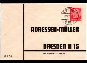 DR, gebr. 12 Pfg. Privatganzsache Umschlag Adressen Müller AG Dresden 12 8 35