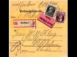 Bayern 1918, 25+80 Pf. Ludwig auf Einschreiben Eiboten Paketkarte v. Straubing