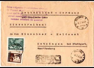 Polen 1950, 5+80 Zt. auf R-Brief v. Katowice m. Atomwaffen Propagandastempel