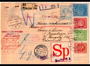 Österreich 1918, Marken m. perfins WATT auf Wert-Paketkarte v. Wien n. Dänemark