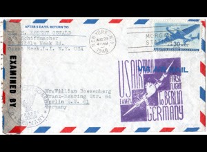 USA Deutschland 1946, 30 C. auf Erstflug Brief New York Berlin m. Zensur.