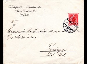 Österreich 1907, gebr. 10 H. Privatganz Brief Kabelfabrik u. Drahtindustrie Wien
