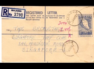 Malaya, 30 C. Einschreiben Ganzsache Brief v. MALACCA n. Singapore. Straits map.