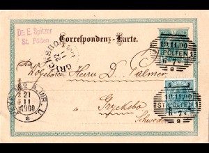 Österreich 1900, 5 H. Zusatzfr. auf 5 H. Ganzsache v. St. Pölten n. Schweden