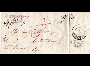 Sachsen 1845, R2 Dresden auf Porto Brief via Hamburg u. Stralsund n. Schweden.