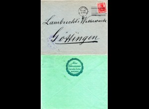 DR 1916, 10 Pf. Germania auf Firmen Brief m. Aachen Zensur n. Göttingen