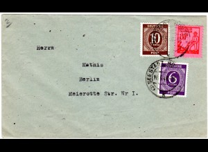 SBZ 1946, 8 Pf. Mecklenburg in MiF m. 6+10 Pf. Ziffer auf Brief v. Rostock