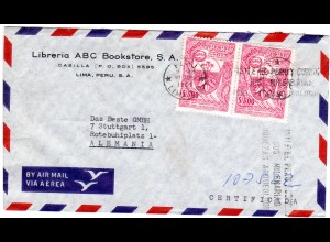 Peru 1965, MeF 2x3 S. Tabak auf Luftpost Brief v. Lima n. Deutschland