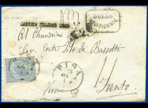 Italien 1864, unzureichend frankierter Brief v. Pisa nach Österreich. #S618