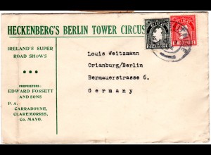 Irland 1934, 1+2 P. auf Heckenberg´s Berlin Tower Circus Vordruckumschlag 