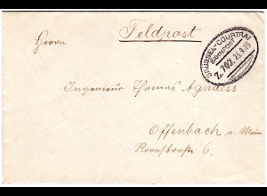 Besetzung Belgien 1915, FP Brief m. klarem Bahnpoststempel Brüssel-Courtrai