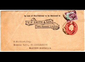 GB, 1 1/2d on 2d stationery wrapper W.H. Smith & Son from London to Australia