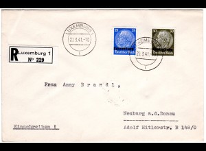 Dt. Besetzung Luxemburg 1941, 25+30 Pf. auf Einschreiben Brief n. Neuburg