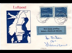 Schweden 1944, 2x10 öre on 1st. flight cover from Malmö to Sundsvall Härnösand