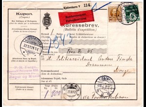 DK 1912, 5+100 öre auf Nachnahme Paketkarte v. Kopenhagen n. Norwegen
