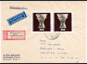 DDR 1970, MeF 2x40 Pf Tontrommel auf Reko Brief v. Greifswald-Eldena n. Finnland