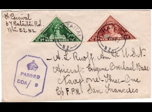 Neuseeland 1944, 1+2d Gesundheit Dreiecksmarken auf Zensurbrief n. USA