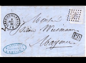 Belgien 1869, 20 C. auf PD Brief m. Stpl. 230 Liège (Guillermins) n. Deutschland