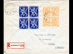 Belgien 1946, 4er-Blöcke 25 C.+1,75 F. auf Reko Brief v. Antwerpen n. Finnland