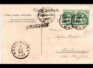 Schweiz 1904, L1- St. Moritz-Dorf auf AK m. Paar 5 C. u. Bahnpost Ambulant No.32