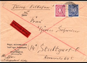1947, 40+80 Pf. auf portorichtigem Eilboten Brief v. München n. Stuttgart