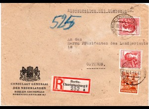 1948, 2x60+24 Pf. auf portorichtigem Konsulats Reko-Rückschein Brief v. Berlin