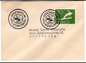 Schweden 1953, Brief m. 10 öre u. Sonderstpl. Stockholm FFI:s Kongress m. Abb.