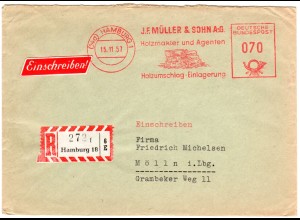 BRD 1957, Werbe-Freistpl. Holzmakler Müller & Sohn auf Reko Brief v. Hamburg