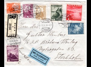 Österreich 1936, 7 Flugpost Marken auf Reko Luftpost Brief v. Wien n. Schweden