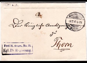 DR 1897, Frei lt. Avers No.21 Kgl. Pr. Regierung auf Brief v. Marienwerder