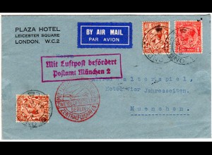 GB 1933, 1d+2x1 1/2d auf Luftpost Brief v. London m. München Flugbestätigungs-R2