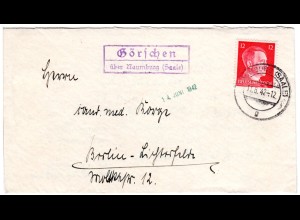 DR 1942, Landpost Stpl. GÖRSCHEN über Naumburg auf Brief m. 12 Pf. Hitler