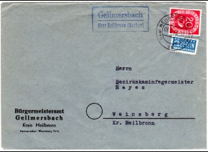 BRD 1953, Landpost Stpl. GALLMERSBACH über Heilbronn auf Gemeinde Brief m. 20 Pf