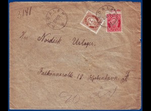 Norwegen 1918, Redalen (Opl), 2+10 öre auf Brief n. Dänemark. #S812
