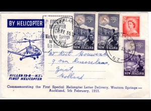 Neuseeland 1955, 4 Marken auf Helicopter Ertsflug Brief Western Springs-Auckland