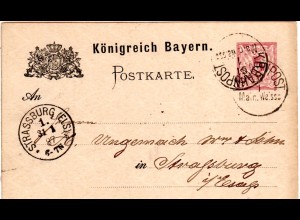 Bayern 1887, Bahnpost-K1 Mainz Weissb. auf 5 Pf. Ganzsache v. Kaiserslautern