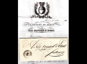Schweiz 1841, roter K2 MORAT u. Amtssiegel-Stpl. auf schönem Brief n. Fribourg