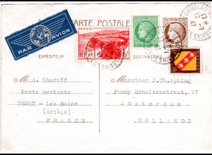 Frankreich 1947, 2,50 F. Ganzsache m. Zusatzfr. per Luftpost v. Ussat i.d. NL