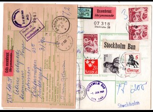 Schweden 1969, 7 Marken auf Sperrgut Paketkarte v Stockholm n. Norwegen m. Porto