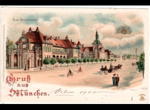 Gruss aus München m. Nationalmuseum u. Pferdekutsche, 1900 gebr. Litho-AK