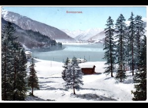 Schweiz, Davosersee, Winterkarte m. Gebäuden, 1908 gebr. Farb-AK