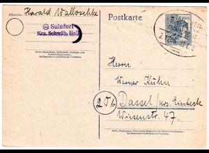 1948, Bahnpoststpl. Crailsheim-Heilbronn auf 12 Pf. Ganzsache v. Sulzdorf