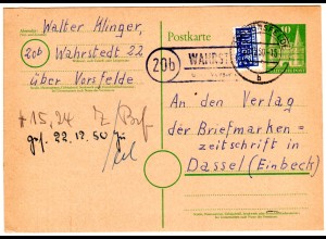 1950, Landpost Stempel 20b WAHRSTEDT über Vorsfelde auf 10 Pf. Ganzsache