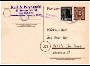 1948, Landpost Stempel SORSUM üb. Hildesheim auf Ganzsache m. Zusatzfr.