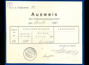 Österreich FP Ausweis über Feldpostanweisungsverkehr 1915 m Ungarn Stempel #S445